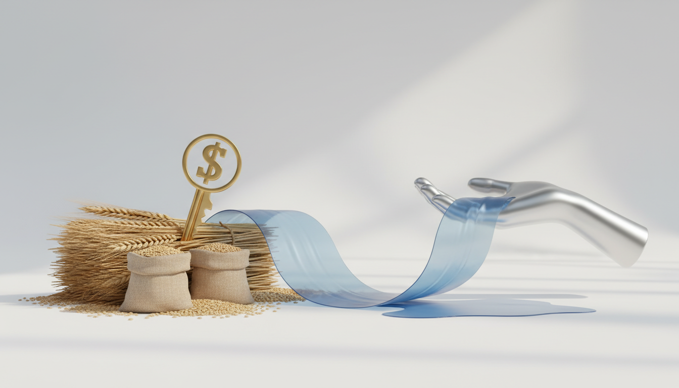 3D render of wheat, sacks of grain, a gold dollar sign key, and a silver hand with a flow of water.