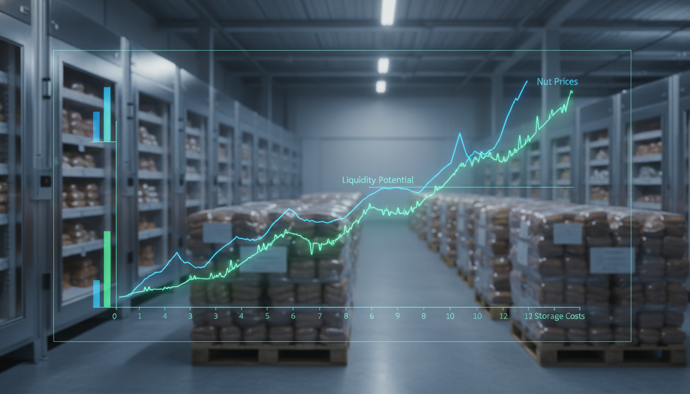 A warehouse interior with a digital overlay showing a rising line graph of nut prices and liquidity potential.