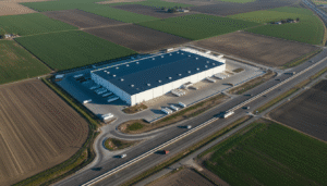 Aerial view of a large white warehouse surrounded by farm fields next to a highway with semi-trucks at loading docks.