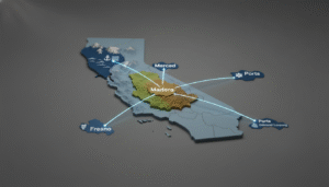 3D map of California highlighting Madera County and its connections to Merced, Fresno, and regional ports.