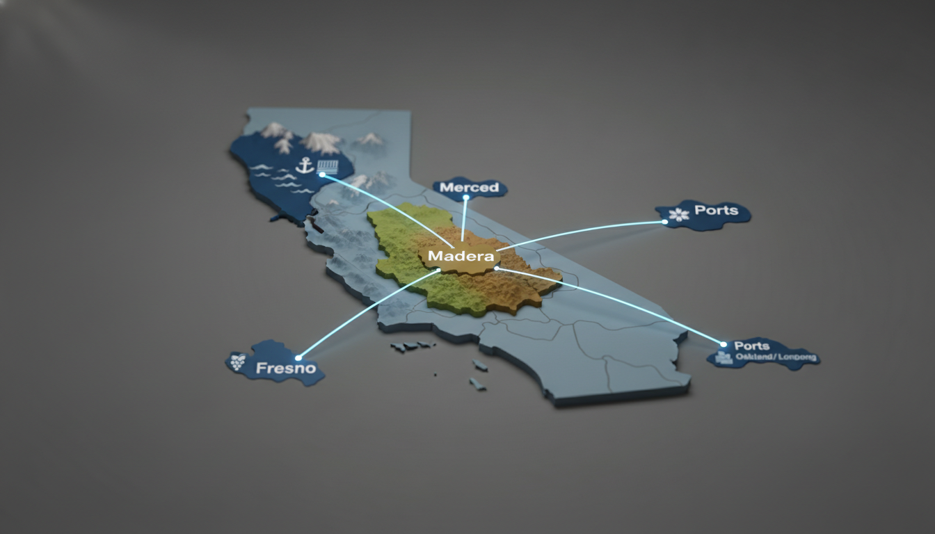 3D map of California highlighting Madera County and its connections to Merced, Fresno, and regional ports.