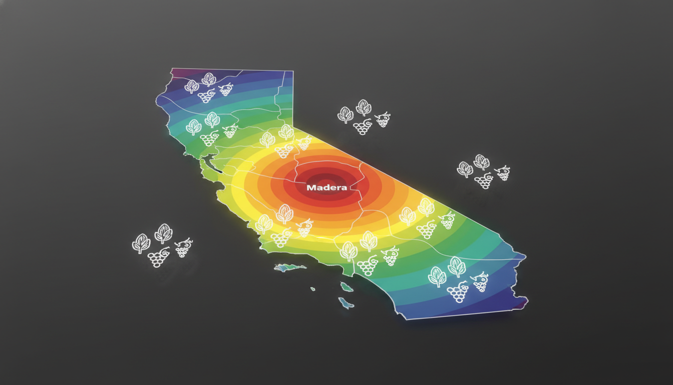 A rainbow-colored map of California with Madera at the center and icons of grapes and leaves throughout.