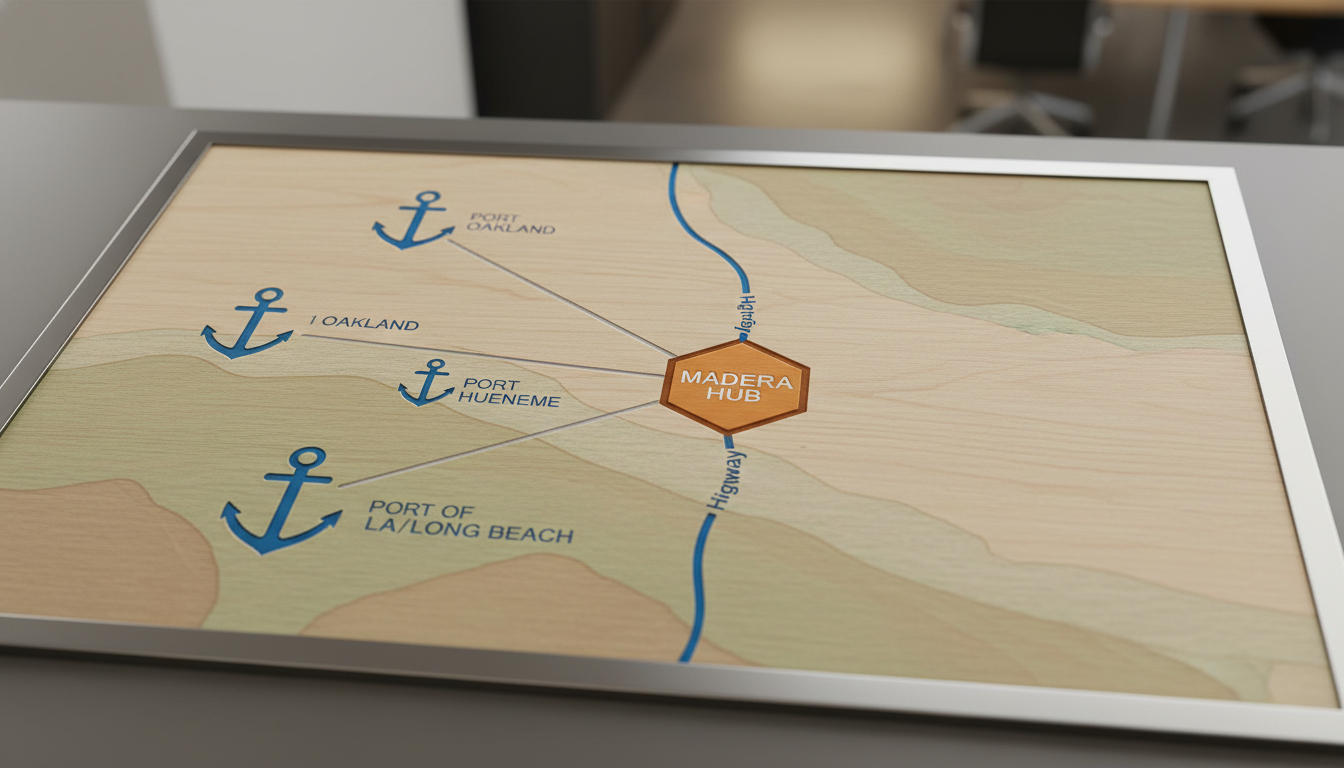 Stylized map showing Madera Hub connected to Port Oakland, Port Hueneme, and Port of LA/Long Beach with anchor icons.