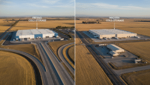 Side-by-side aerial views of Fresno and Madera cold storage facilities surrounded by agricultural fields.