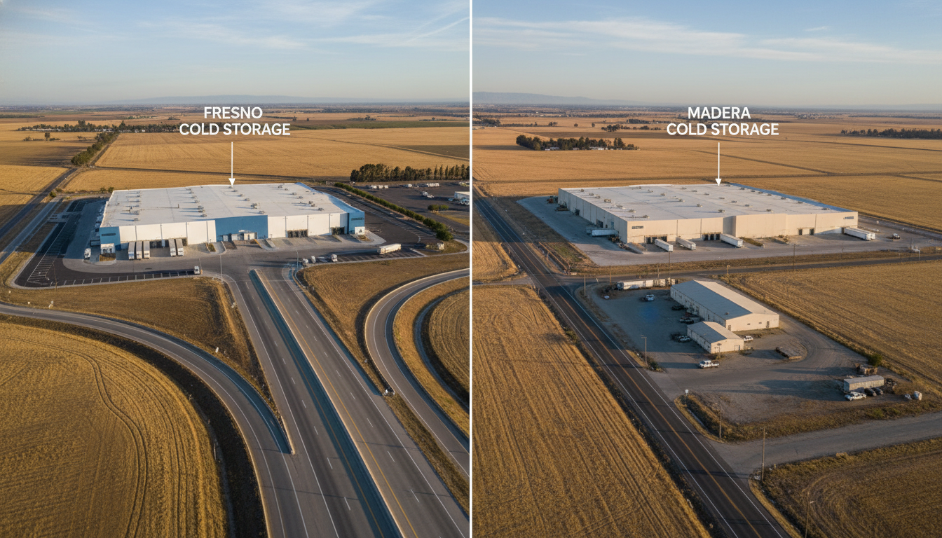 Side-by-side aerial views of Fresno and Madera cold storage facilities surrounded by agricultural fields.
