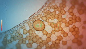 Microscopic view of plant cell structure with honeycomb patterns and small green and blue particles.