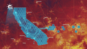 Stylized map showing solar energy distribution from California to storage hubs, with blue hexagons and flowing lines.