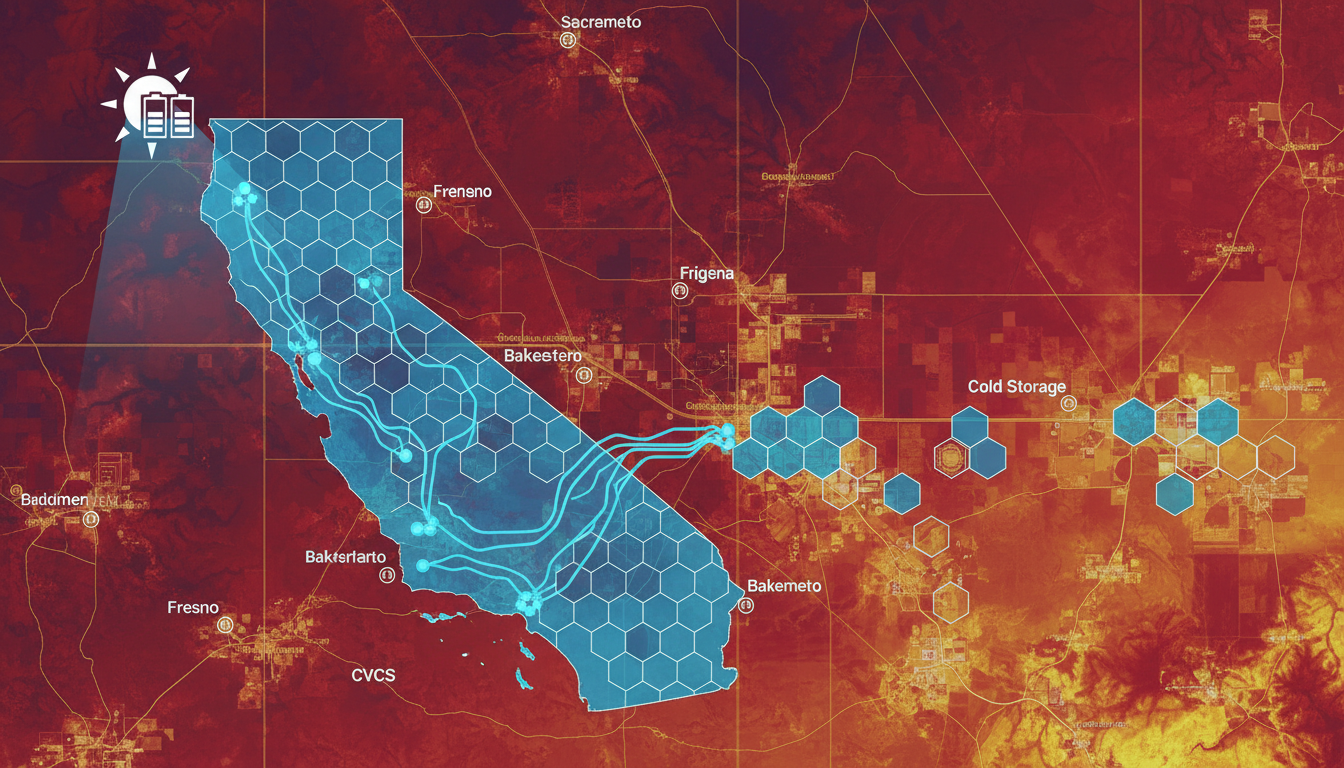 Stylized map showing solar energy distribution from California to storage hubs, with blue hexagons and flowing lines.