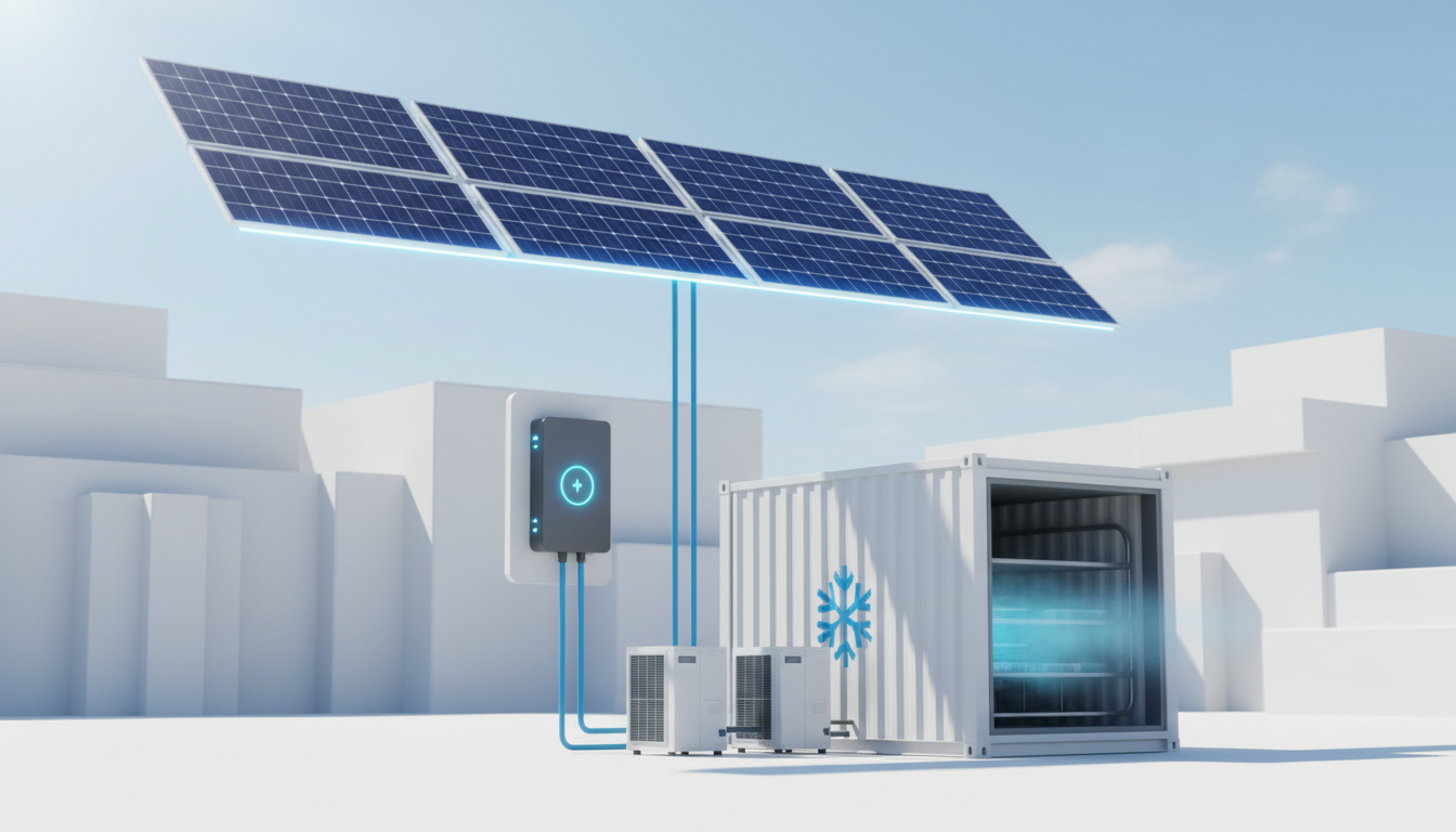 3D render of a solar-powered cold storage system featuring solar panels, a battery unit, and a refrigerated container.
