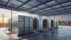 Modern industrial battery storage facility with integrated solar roof, wind turbines, and power lines in the background.