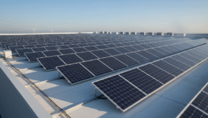 Rows of blue solar panels on a commercial rooftop with wind turbines on the horizon under a clear blue sky.