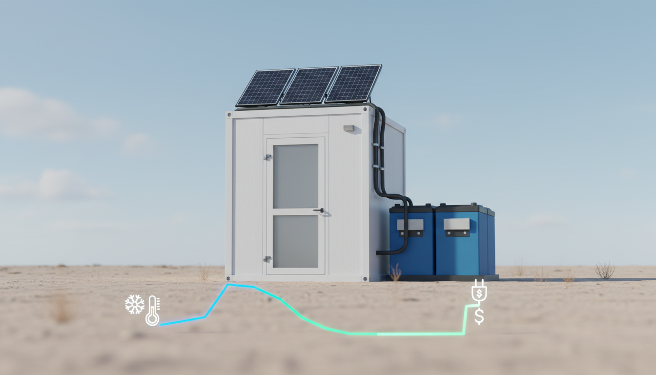 Solar-powered white container in a desert with blue batteries and a line graph for cooling and energy savings.