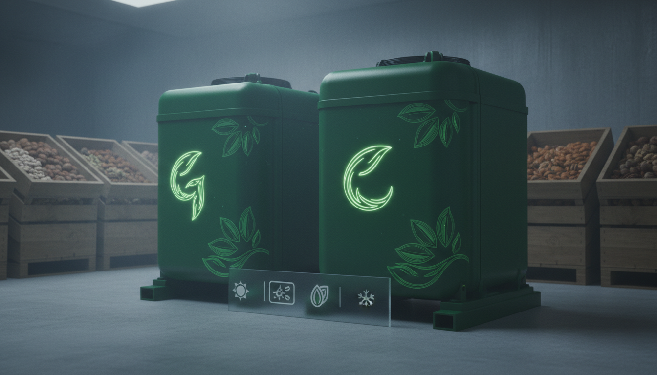 Two green industrial storage units with glowing leaf logos in a warehouse with wooden bins of bulk food.