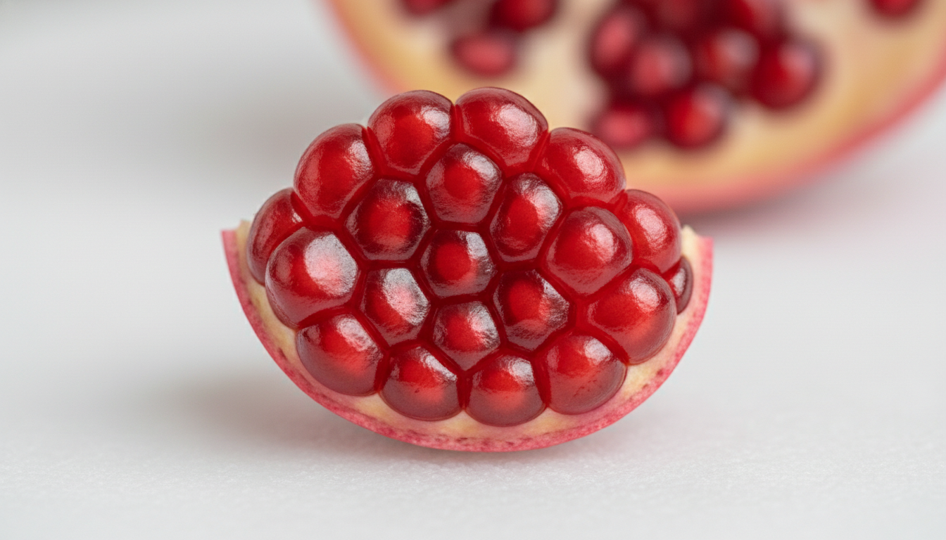 Close-up of a pomegranate wedge with bright red seeds on a white background.