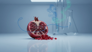 A halved pomegranate and scattered seeds on a white surface with laboratory glassware and colorful smoke behind it.