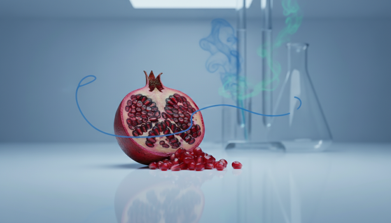 A halved pomegranate and scattered seeds on a white surface with laboratory glassware and colorful smoke behind it.