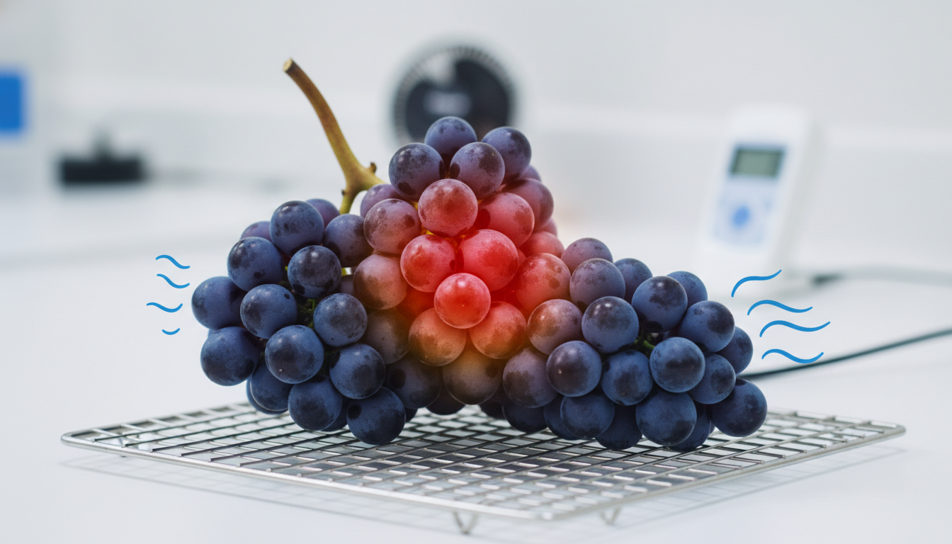 Bunch of purple grapes on a wire rack with a glowing red center and blue stylized heat or air waves on either side.