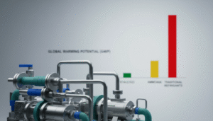 Industrial piping system with a background bar chart comparing Global Warming Potential of refrigerants.