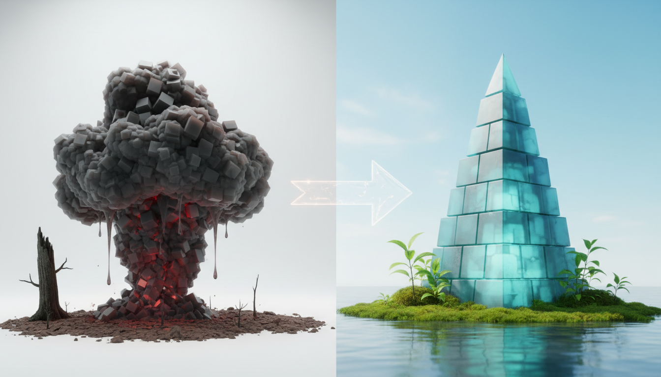 Split image: a toxic smoke cloud on scorched earth transforms into a blue glass pyramid on a lush, green island.