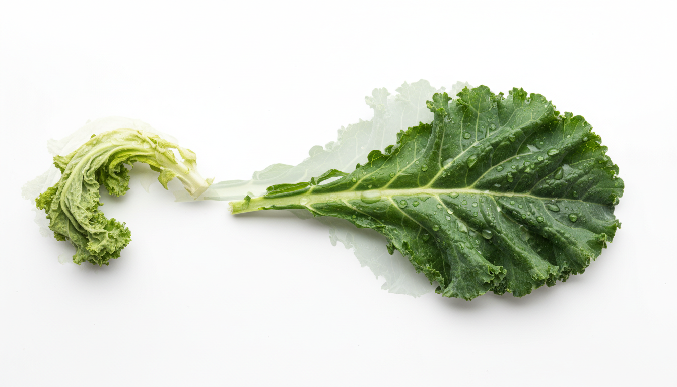 Fresh green kale leaf with water droplets on a white background.