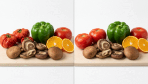 Side-by-side comparison of fresh and shriveled vegetables and fruit on a wooden cutting board.