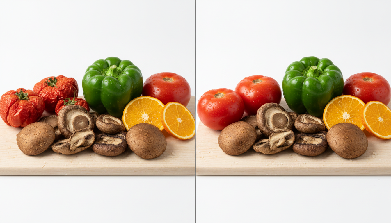 Side-by-side comparison of fresh and shriveled vegetables and fruit on a wooden cutting board.