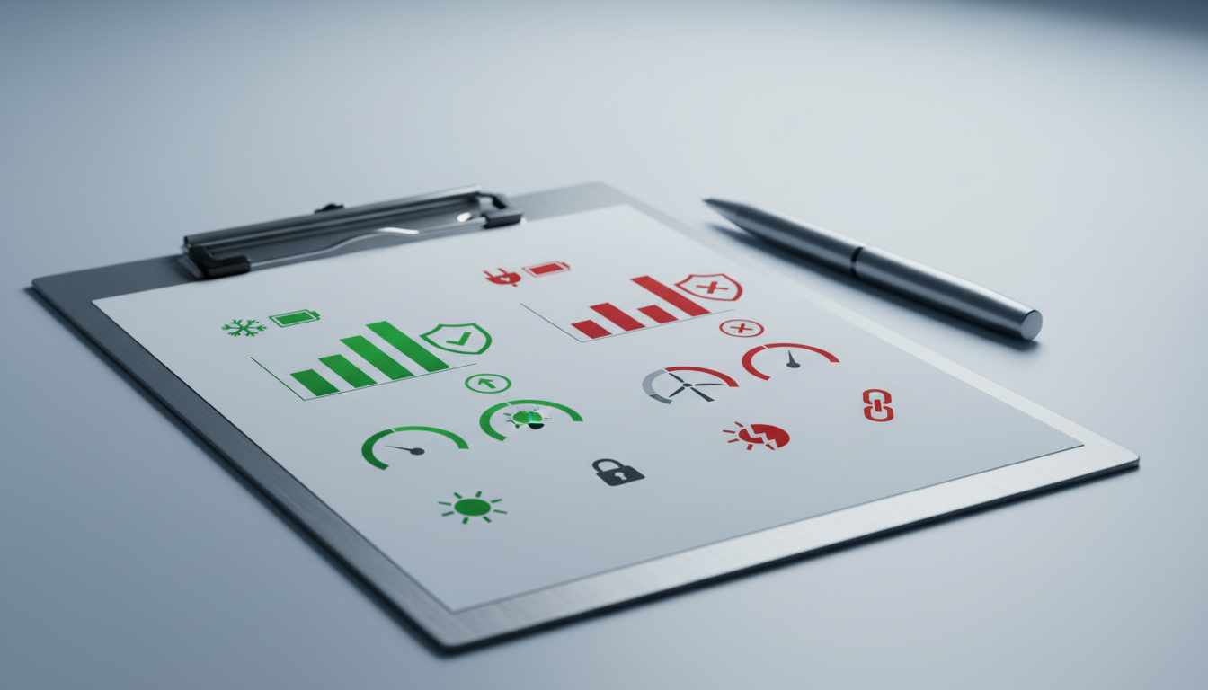 Clipboard with green and red energy performance charts and icons next to a silver pen on a blue surface.