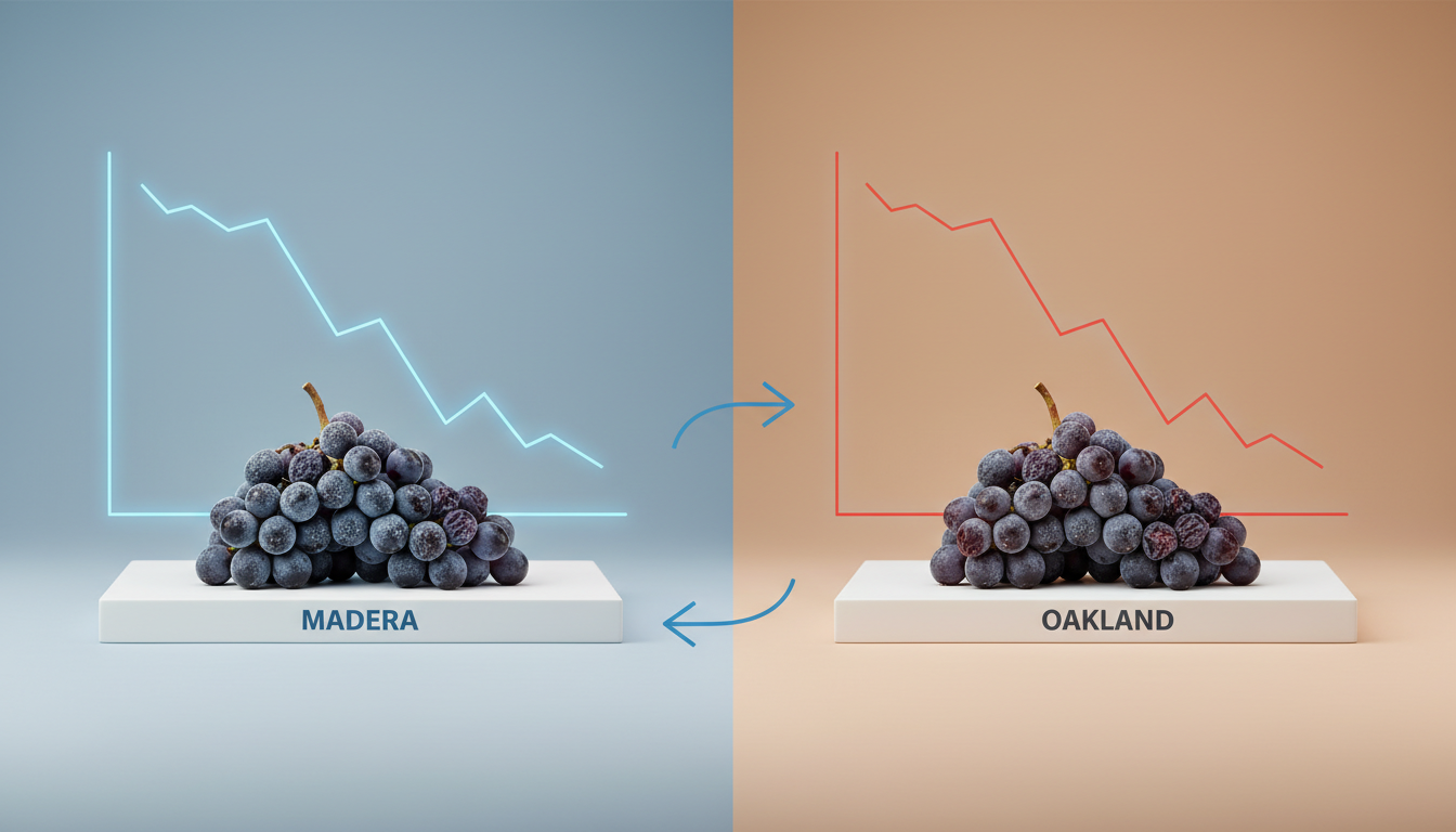 Comparison of Madera and Oakland grape production with downward line graphs and exchange arrows.