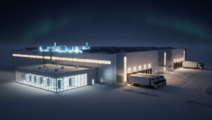 Modern data center and warehouse in snow at night with northern lights, solar panels, and parked semi-trucks.