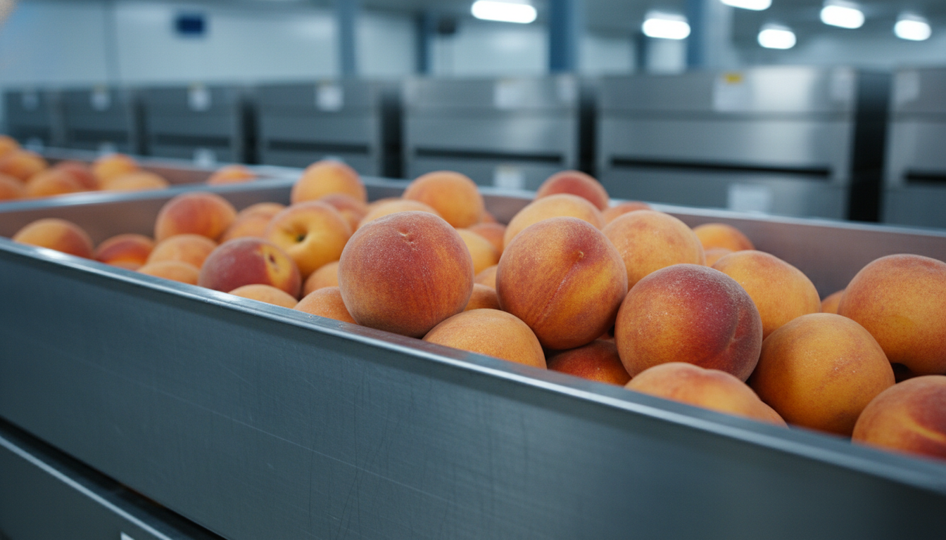 Close-up of fresh peaches in grey metal bins inside a commercial cold storage facility.
