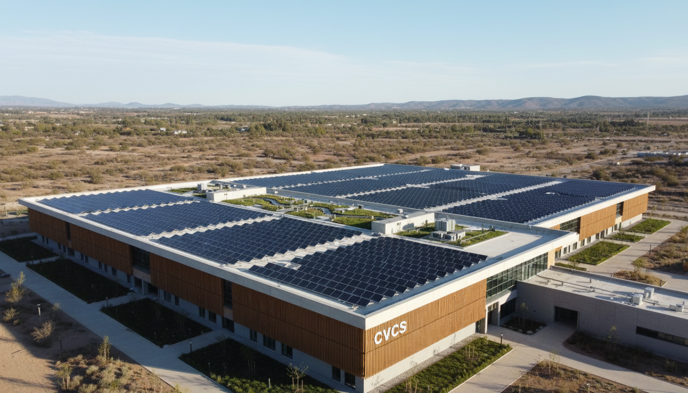 Aerial view of CVCS building with a large solar panel array on its roof in an arid desert landscape.