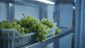 Fresh green grapes in white crates on a metal refrigerator shelf under cool light.