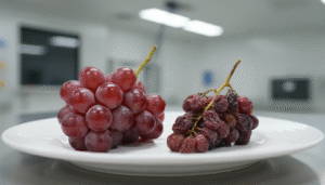 Fresh red grapes next to shriveled raisins on a white plate, showcasing the dehydration process.