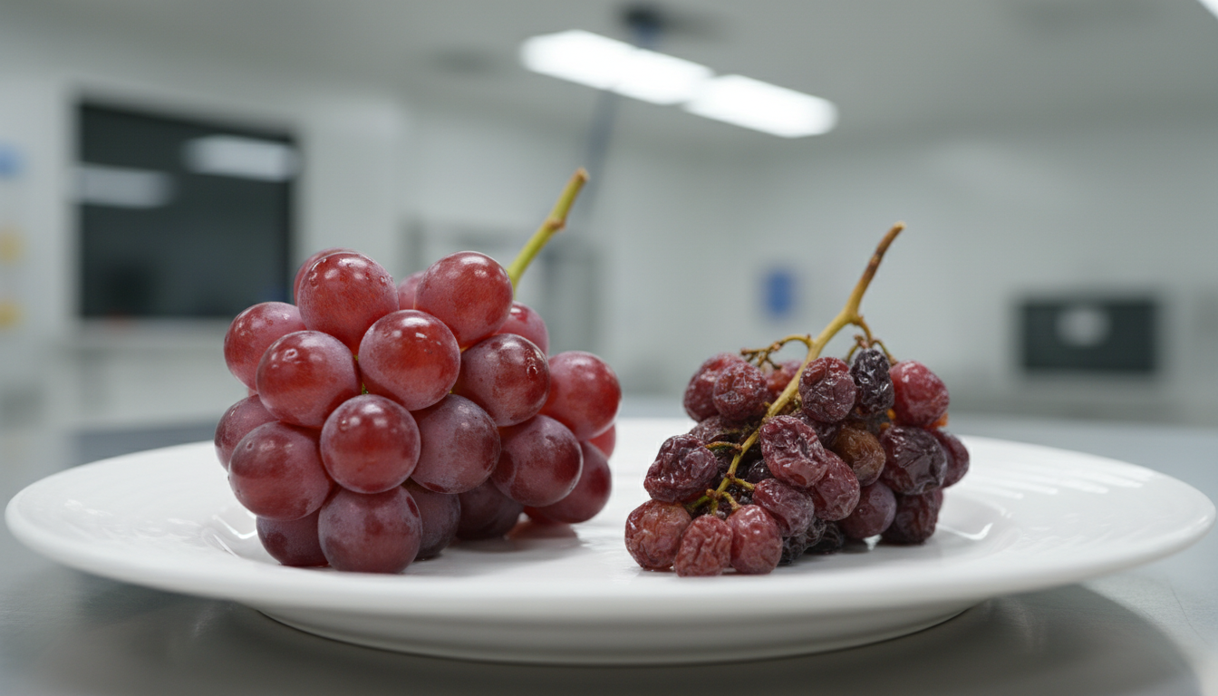 Fresh red grapes next to shriveled raisins on a white plate, showcasing the dehydration process.