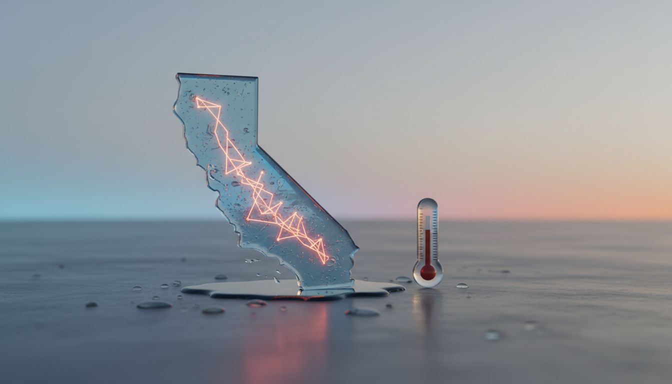 A melting ice block shaped like California with a glowing red pattern inside, next to a thermometer.