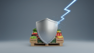 Silver shield protecting crates of fresh fruit and vegetables from a striking blue lightning bolt.