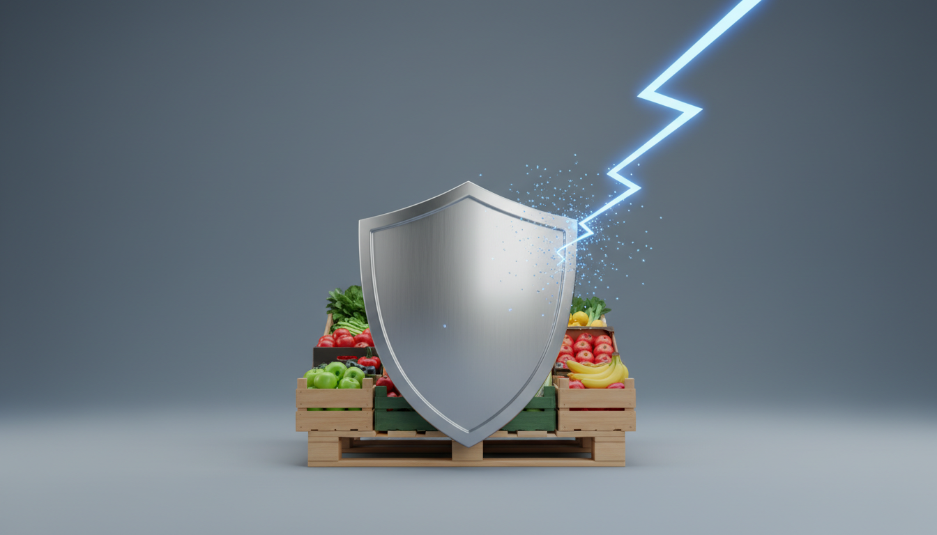 Silver shield protecting crates of fresh fruit and vegetables from a striking blue lightning bolt.