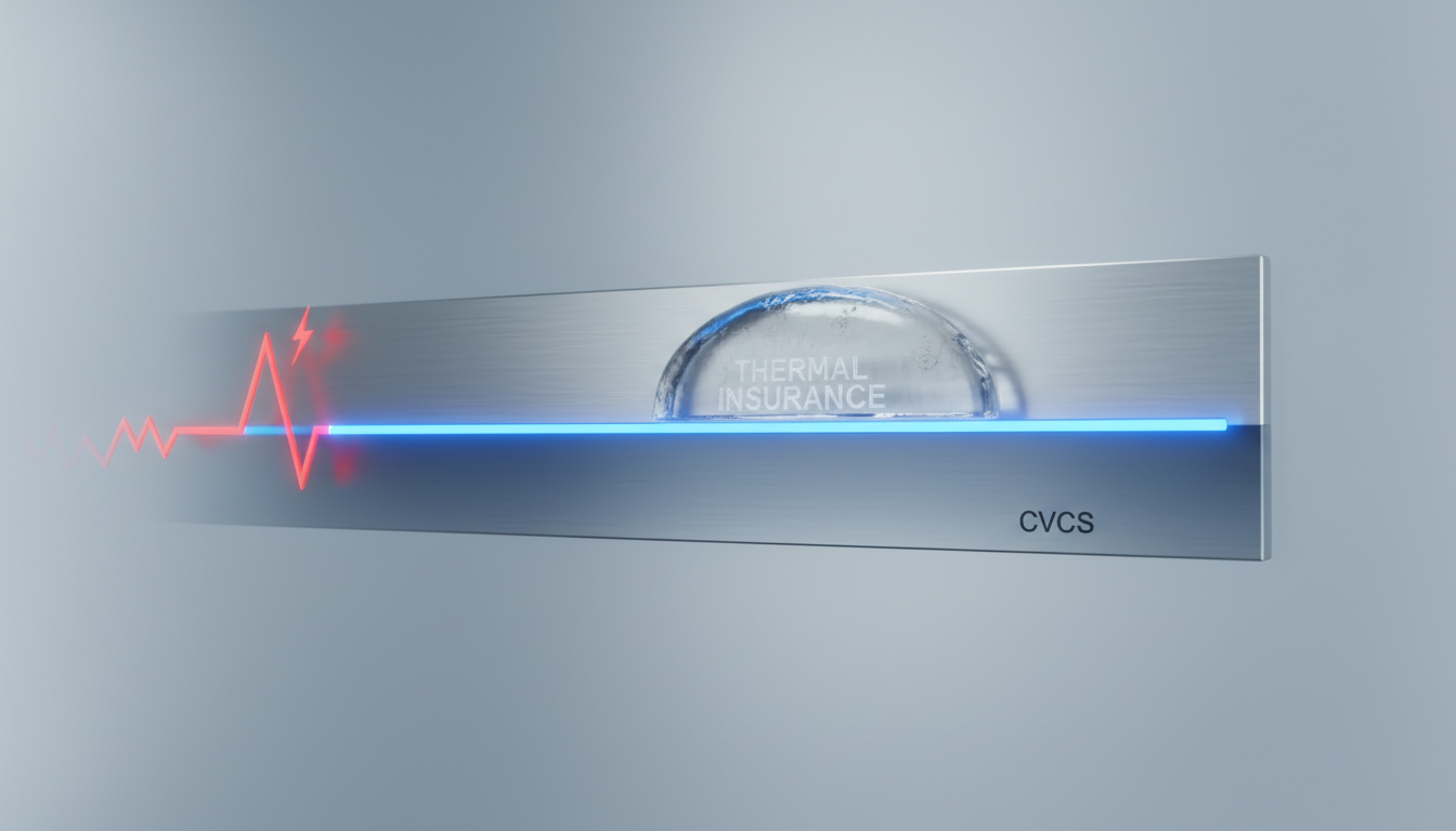 Metallic bar with red jagged pulse line turning into a straight blue glowing line under a Thermal Insurance dome.
