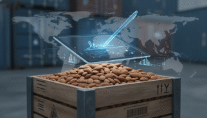 Digital tablet with signature floating above a wooden crate of almonds, with a global map background.
