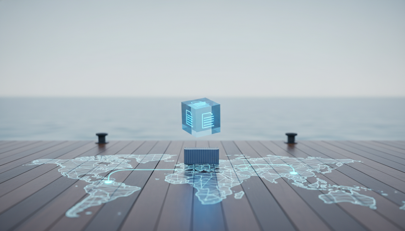 Glowing blue cube with document icons floating above a digital world map on a wooden pier by the ocean.