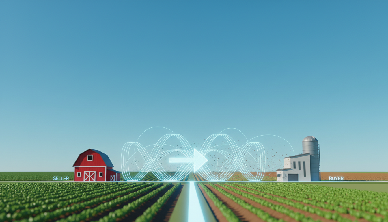 Illustration of a red barn and grey factory connected by a glowing arrow and spiral lines, labeled SELLER and BUYER.