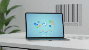 Tablet on a white desk showing a graphic of middle-mile logistics with icons, a graph, and text.