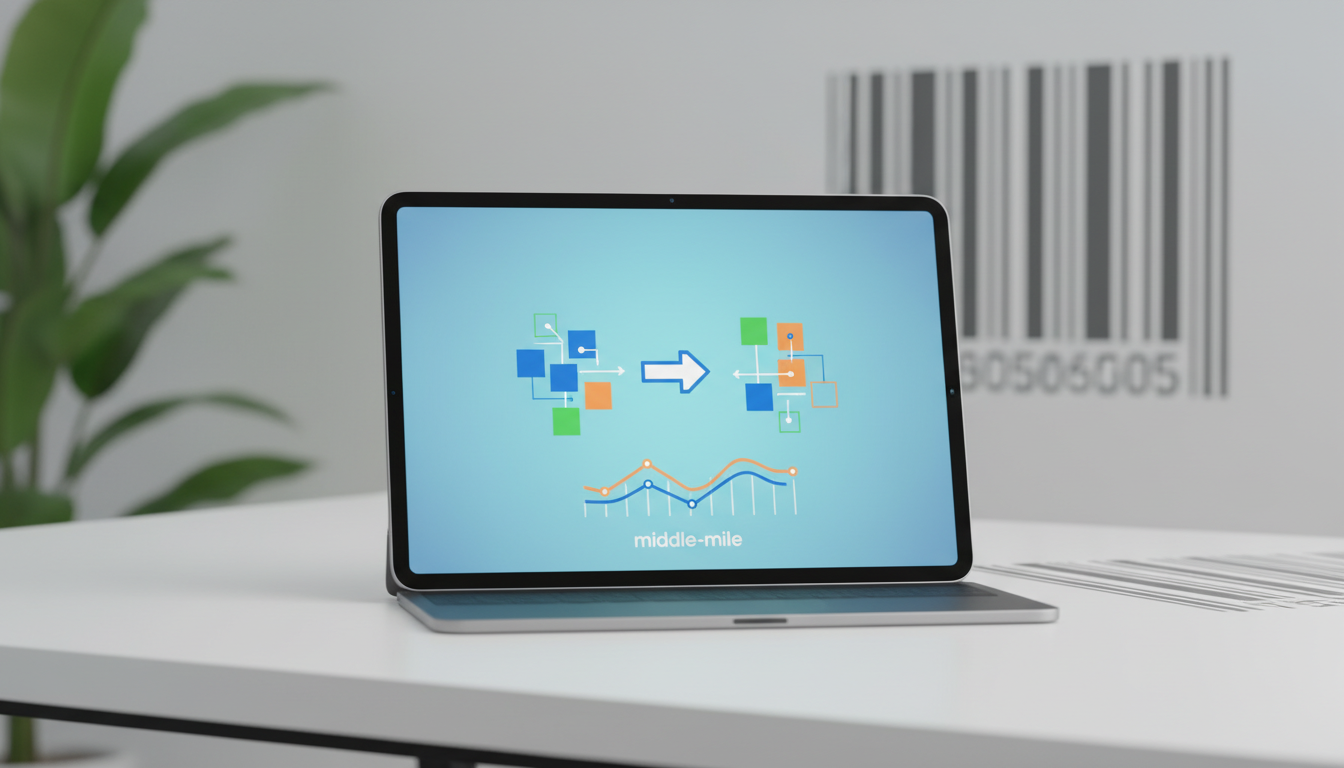 Tablet on a white desk showing a graphic of middle-mile logistics with icons, a graph, and text.