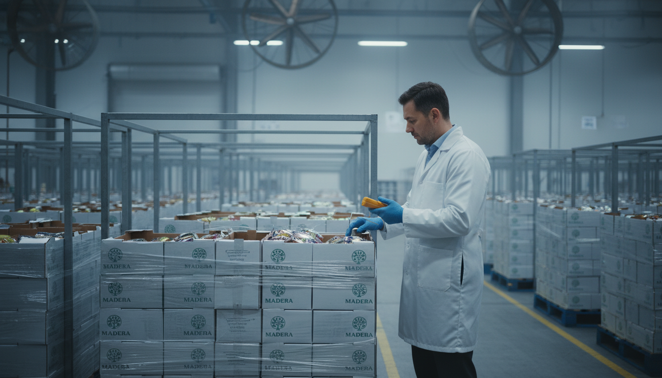 Quality inspector in a lab coat examines fresh produce at a large warehouse facility with rows of stacked boxes.