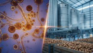 Split image of microscopic fungal structures next to an industrial walnut processing facility with bulk walnut bins.