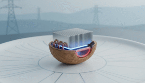 A glowing metallic computer heat sink nested inside a half walnut shell, set against a soft industrial background.