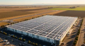 Aerial view of Madera Airport Industrial Park showing Central Valley Cold Storage with rooftop solar arrays next to Madera airport