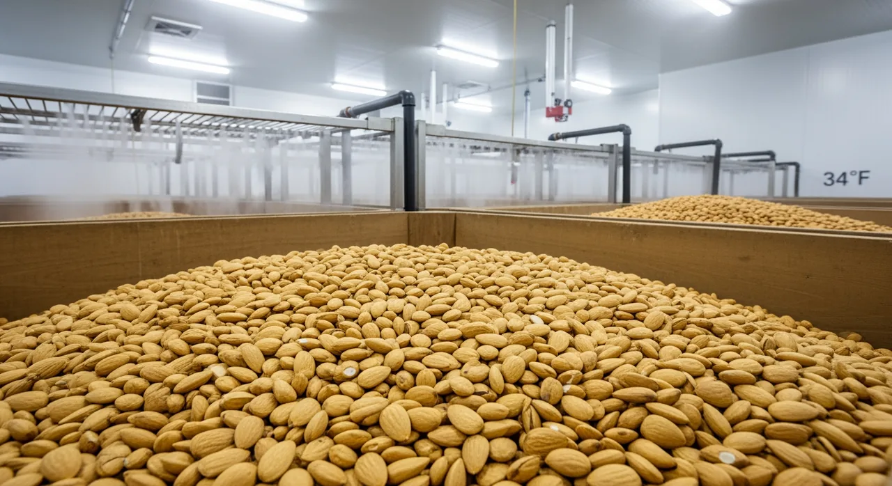 California Nonpareil almonds in refrigerated cold storage bins inside a Madera County agricultural warehouse