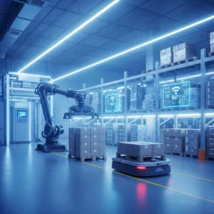 Automated cold storage warehouse with robotic palletizer and AGV in frozen environment