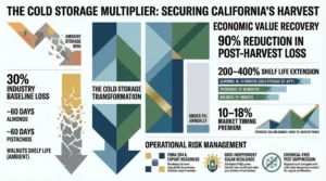 Infographic showing cold storage benefits and ROI multipliers for California agriculture — Central Valley Cold Storage, Madera CA